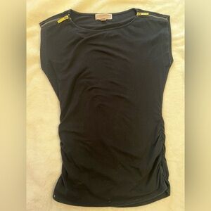 Michael Kors Black Sleeveless Top w/ Gold Zipper Shoulders & Side Ruching, Small